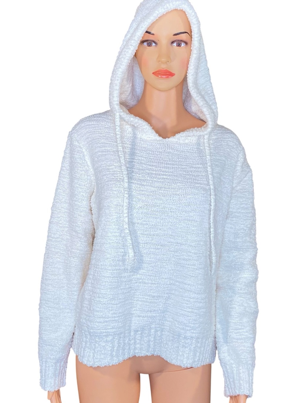 Greige Cozy Hooded Chenille Pullover Sweater Soft Relaxed Lightweight Fabric LG